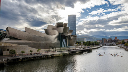 Panoramic of the city of Bilbao with the river and the Guggenheim Museumの写真素材