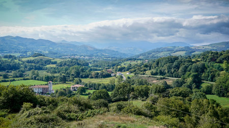 Panoramic view of the countryside in the Cantabria regionの写真素材
