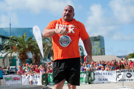 CANARY ISLANDS - SEPTEMBER 03: Ervin Katona from Serbia highest score during Strongman Champions League in Las Palmas September 03, 2011 in Canary Islands, Spain のeditorial素材