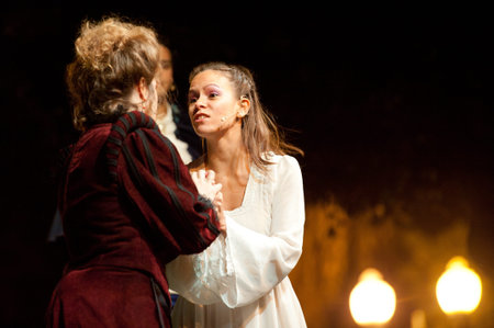 CANARY ISLANDS-OCTOBER 27: Actors Guasimara Correa (l) and Nati Vera (r) acting in Desmontando a Don Juan, based on Don Juan Tenorio written by Jose Zorrilla, October 27, 2011 in Canary Islands, Spainのeditorial素材