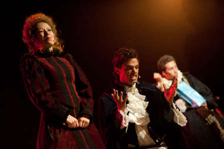 CANARY ISLANDS-OCTOBER 27: Actors Guasimara Correa (l), Iriome del Toro (m) and Mingo Arvila (r) acting in Desmontando a Don Juan October 27, 2011 in Canary Islands, Spainのeditorial素材