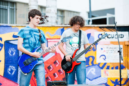 LAS PALMAS, SPAIN-APRIL 13: Saulo Santana Llarena(l) and Alejandro Alvarez(r) in Runaway Train, from Canary Islands, perform onstage during a charity for Sahara on April 13, 2012 in Las Palmas, Spainのeditorial素材