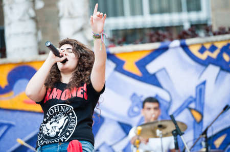 LAS PALMAS, SPAIN-APRIL 13: Singer Lucy Castro G in the band Runaway Train, from Canary Islands, perform onstage during a charity for Sahara on April 13, 2012 in Las Palmas, Spainのeditorial素材
