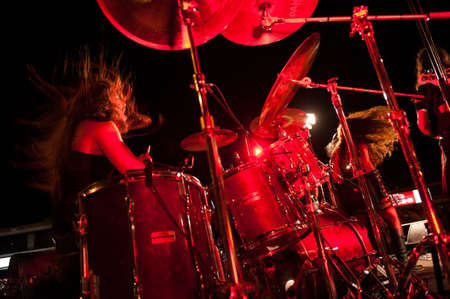 CANARY ISLANDS-SPAIN MAY 18: Alexander Santana Perez drummer in fallen Hall, from Gran Canaria, perform onstage during Condenados Rock on May 18, 2012 in Canary Islands, Spainのeditorial素材