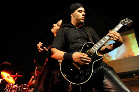 CANARY ISLANDS- SPAIN MAY 18: Maria del Carmen Ortiz (l) and Jakob Ramirez(r) in Fallen Hall, perform onstage during Condenados Rock on May 18, 2012 in Canary Islands, Spainのeditorial素材