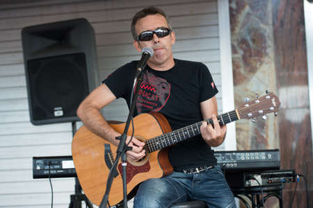 LAS PALMAS, SPAIN-SEPTEMBER 29, 2012: Guitarist Gustavo Alonso playing in the new band Diskonectid, from Canary islands, during a concert at music bar La Guarida del Blues.のeditorial素材
