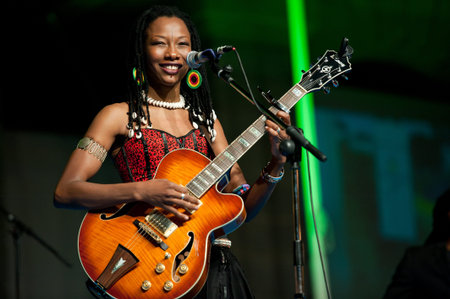 CANARY ISLANDS - JULY 8  Fatoumata Diawara singer and guitarist from Paris, performing onstage during Festival Canarias Jazz   mas July 8, 2011 in Las Palmas, Canary Islands, Spainのeditorial素材