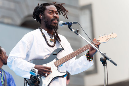CANARY ISLANDS - JULY 7: Jean Louis Boissy (NayaBand), born in Senegal, now living in Canary Islands, performing onstage during Festival Canarias Jazz July 7, 2011 in Las Palmas, Canary Islands, Spainのeditorial素材