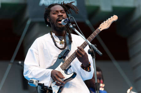 CANARY ISLANDS - JULY 7: Jean Louis Boissy (NayaBand), born in Senegal, now living in Canary Islands, performing onstage during Festival Canarias Jazz July 7, 2011 in Las Palmas, Canary Islands, Spainのeditorial素材