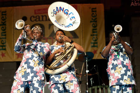 CANARY ISLANDS - JULY 8: Musicians from Gangbe Brass Band, from Cotonou-Benin in West Africa, performing onstage during Festival Canarias Jazz & mas July 8, 2011 in Las Palmas, Canary Islands, Spainのeditorial素材