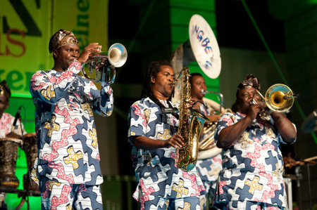 CANARY ISLANDS - JULY 8: Musicians from Gangbe Brass Band, from Cotonou-Benin in West Africa, performing onstage during Festival Canarias Jazz & mas July 8, 2011 in Las Palmas, Canary Islands, Spainのeditorial素材
