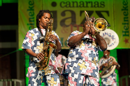 CANARY ISLANDS - JULY 8:Gbaguidi Lucien and Ahouandinou W. Martial, from Cotonou-Benin in Africa, performing onstage during Festival Canarias Jazz July 8, 2011 in Las Palmas, Canary Islands, Spainのeditorial素材