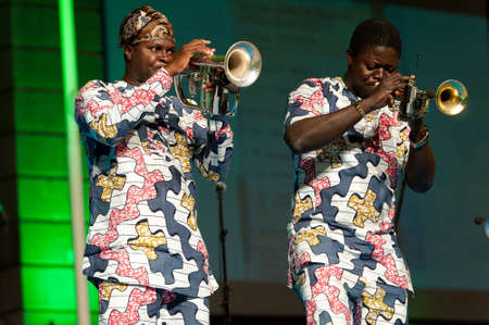 CANARY ISLANDS - JULY 8: Musicians from Gangbe Brass Band, from Cotonou-Benin in West Africa, performing onstage during Festival Canarias Jazz & mas July 8, 2011 in Las Palmas, Canary Islands, Spainのeditorial素材