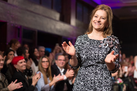 LAS PALMAS, SPAIN - MARCH 12, 2015: Designer Nieves Barroso on the runway during Gran Canaria Moda Calida 2016 Bridal Collection at Museo Nestor.のeditorial素材