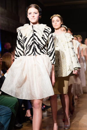 LAS PALMAS, SPAIN-MARCH 12, 2015: Models walks the runway wearing a wedding dresses from designer Juan Roga during Gran Canaria Moda Calida 2016 Bridal Collection at Museum Nestor.のeditorial素材