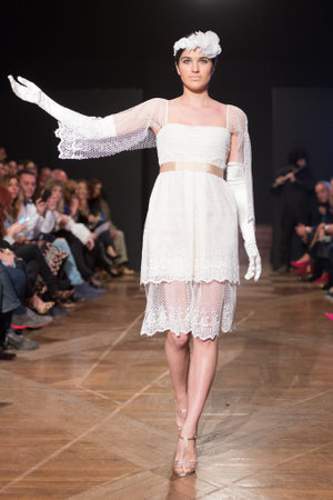 LAS PALMAS, SPAIN-MARCH 12, 2015: A model walks the runway wearing a wedding dress from designer Juan Roga during Gran Canaria Moda Calida 2016 Bridal Collection at Museum Nestor.のeditorial素材