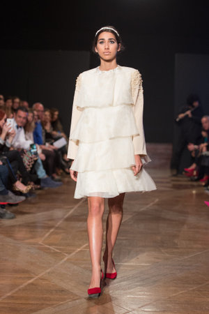 LAS PALMAS, SPAIN-MARCH 12, 2015: A model walks the runway wearing a wedding dress from designer Juan Roga during Gran Canaria Moda Calida 2016 Bridal Collection at Museum Nestor.のeditorial素材