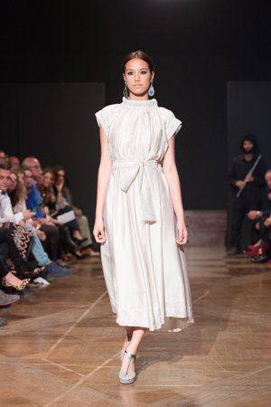LAS PALMAS, SPAIN-MARCH 12, 2015: A model walks the runway wearing a wedding dress from designer Juan Roga during Gran Canaria Moda Calida 2016 Bridal Collection at Museum Nestor.のeditorial素材