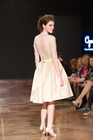 LAS PALMAS, SPAIN-MARCH 13, 2015: A model walks the runway wearing a wedding dress from designer Ogadenia Diaz during Gran Canaria Moda Calida 2016 Bridal Collection at Museum Nestor.のeditorial素材