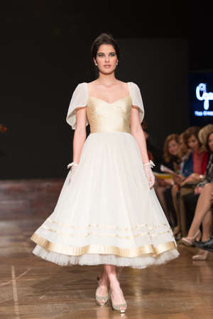 LAS PALMAS, SPAIN-MARCH 13, 2015: A model walks the runway wearing a wedding dress from designer Ogadenia Diaz during Gran Canaria Moda Calida 2016 Bridal Collection at Museum Nestor.のeditorial素材