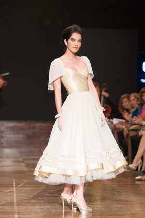 LAS PALMAS, SPAIN-MARCH 13, 2015: A model walks the runway wearing a wedding dress from designer Ogadenia Diaz during Gran Canaria Moda Calida 2016 Bridal Collection at Museum Nestor.のeditorial素材