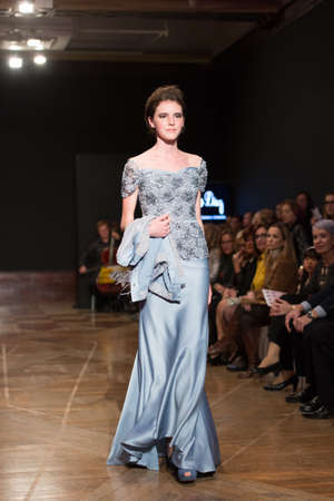 LAS PALMAS, SPAIN-MARCH 13, 2015: A model walks the runway wearing a wedding dress from designer Ogadenia Diaz during Gran Canaria Moda Calida 2016 Bridal Collection at Museum Nestor.のeditorial素材