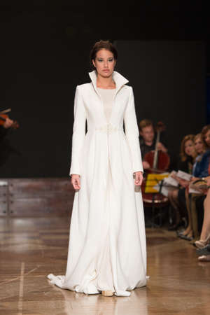 LAS PALMAS, SPAIN-MARCH 13, 2015: A model walks the runway wearing a wedding dress from designer Ogadenia Diaz during Gran Canaria Moda Calida 2016 Bridal Collection at Museum Nestor.のeditorial素材