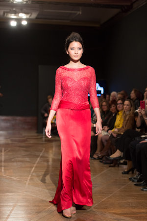 LAS PALMAS, SPAIN-MARCH 13, 2015: A model walks the runway wearing a wedding dress from designer Ogadenia Diaz during Gran Canaria Moda Calida 2016 Bridal Collection at Museum Nestor.のeditorial素材
