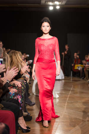 LAS PALMAS, SPAIN-MARCH 13, 2015: A model walks the runway wearing a wedding dress from designer Ogadenia Diaz during Gran Canaria Moda Calida 2016 Bridal Collection at Museum Nestor.のeditorial素材