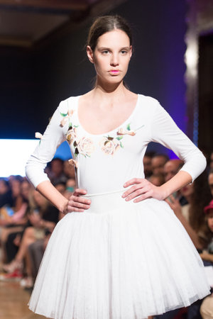 LAS PALMAS, SPAIN-MARCH 13, 2015: A model walks the runway wearing a wedding dress from designer Arcadio Dominguez during Gran Canaria Moda Calida 2016 Bridal Collection at Museum Nestor.のeditorial素材