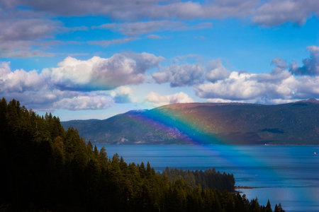 rainbow with lake tahoe with treesの写真素材