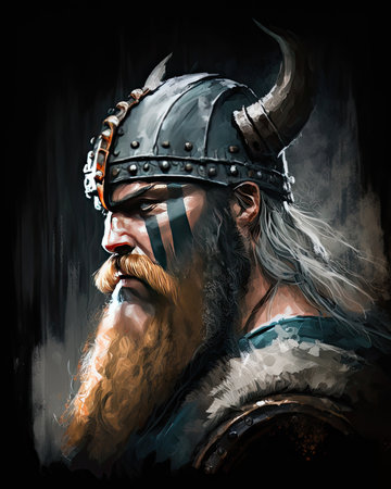 A Viking wearing a helmet with horns. Medieval berserker warrior with beard and mustache. oil painting style. Generative AI.の素材