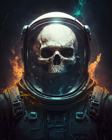 dead astronaut. Skull in space suit on dark background. digital art. Generative AI.の素材