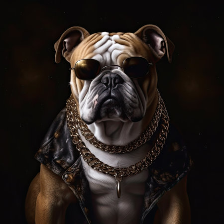 Portrait of a purebred dog bulldog in leather jacket and sunglasses.の素材