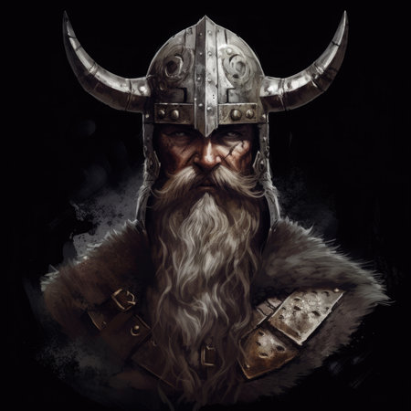 A Viking wearing a helmet with horns. Medieval berserker warrior with beard and mustache. digital art style. Generative AI.の素材