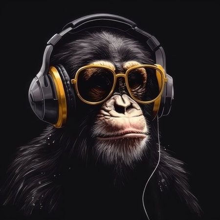 Chimpanzee with glasses and headphones. concept art. Generative AI.の素材