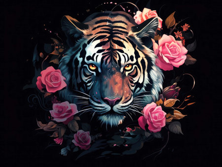 Tiger and roses. digital art.の素材