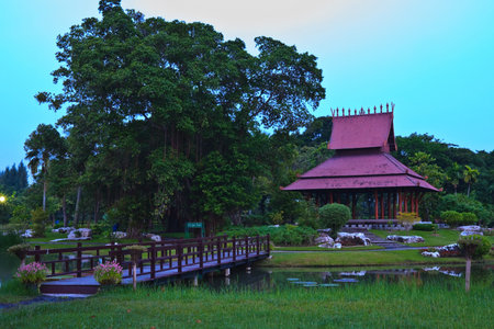 Wodden hall and bridgeの写真素材