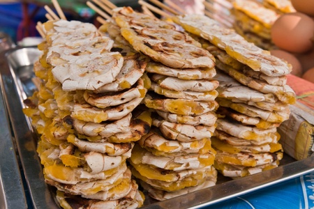 Pile of grilled bananas stack with wooden sticksの写真素材