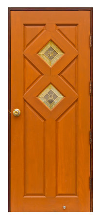 Closed Thai style wooden door isolated on white backgroundの写真素材
