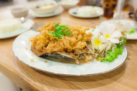 Fried fish with omelet on white dishの写真素材