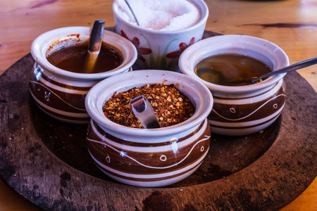 Food garnish included sugar ,dried peper ,soy and vinegarの写真素材