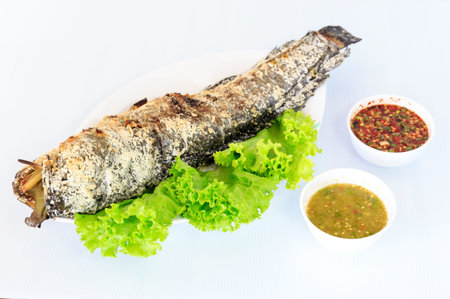 Grilled salted catfish on white dishの写真素材