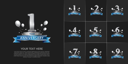 set of anniversary silver color and silver balloons can be use for celebration eventのイラスト素材