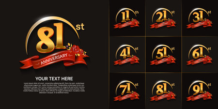set of anniversary with gold color, swoosh and red ribbon can be use for celebration momentのイラスト素材