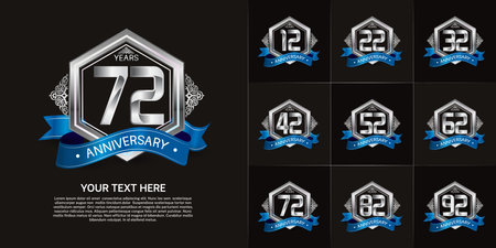 set of anniversary with silver color and blue ribbon can be use for celebration momentのイラスト素材