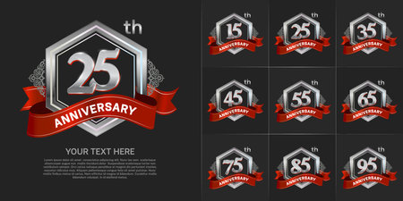 set of anniversary with silver color and red ribbon can be use for celebration eventのイラスト素材