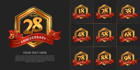 set of anniversary with gold color and red ribbon can be use for celebration eventのイラスト素材