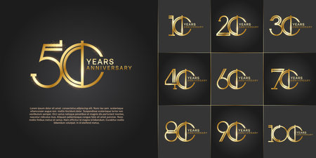 set of anniversary logotype golden color with glitter on black color background for special celebration eventのイラスト素材