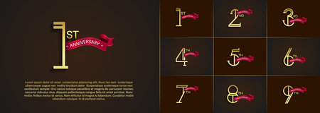 set of anniversary logotype golden color with red ribbon on brown color background for special celebration eventのイラスト素材